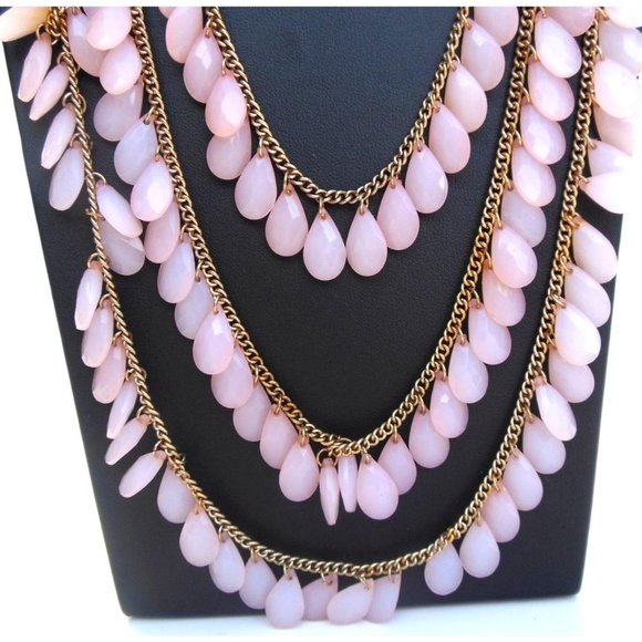 Gold Tone Opalescent Pink Multi Strand Fringe Dangle Beaded Bib Statement ASMR N - Picture 2 of 4